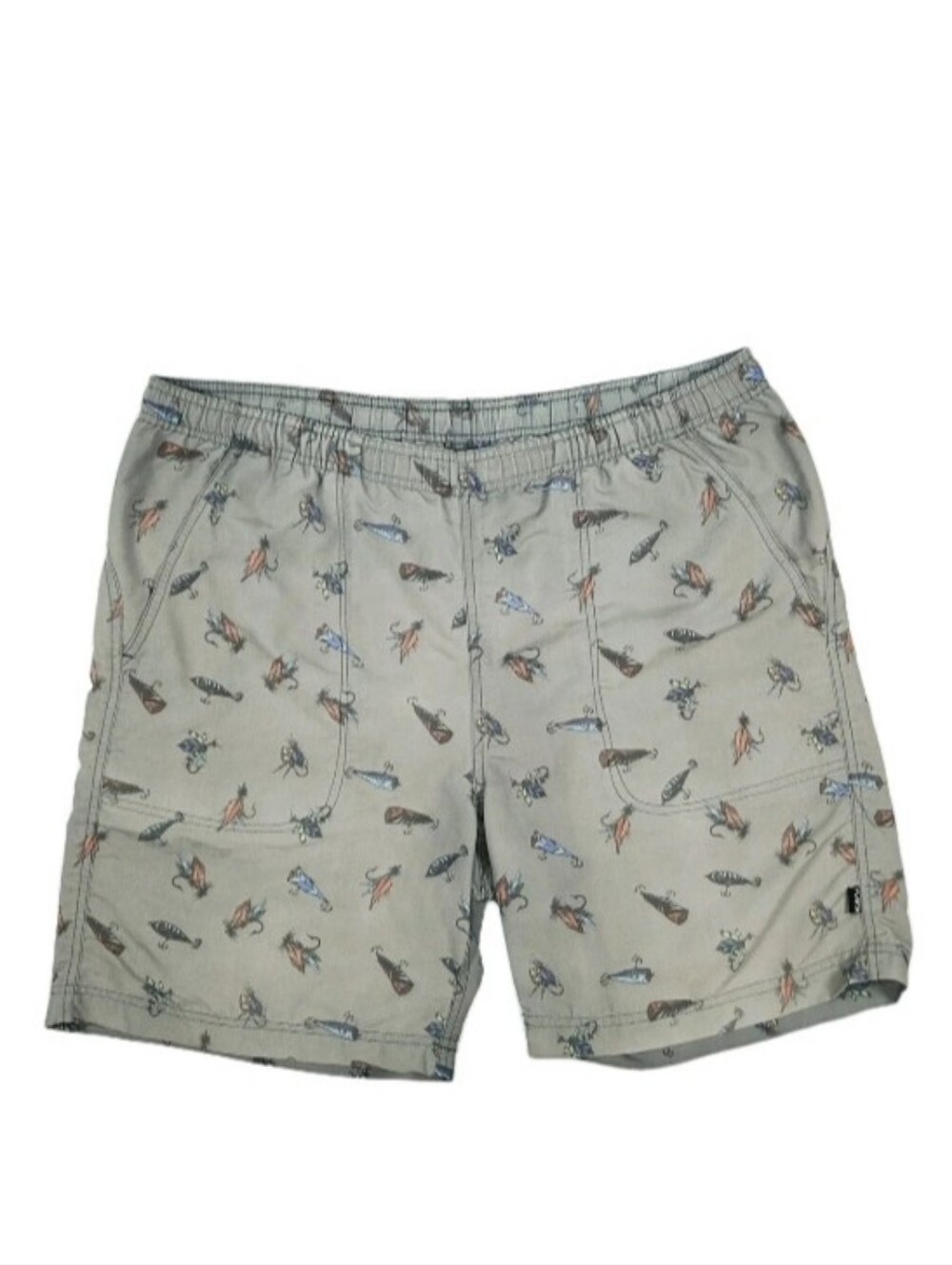 Kavu Swim/Hiking Shorts Mens Size M Beige Outdoor Fishing Lure Print Pockets